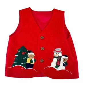 Vintage Kids Christmas Fleece Snowman Teddy Bear Button Vest Size 12M